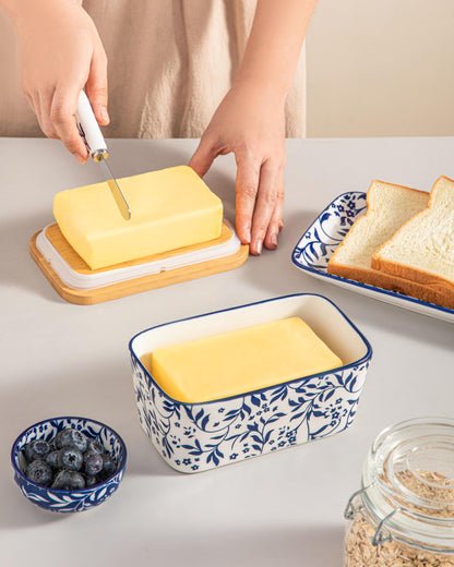 vancasso SELENE Butter Dish with Lid, 6.5" Large Butter Dish for Countertop, Ceramic Butter Keeper Container with Knife and Bamboo Lid, Delicate Floral Pattern