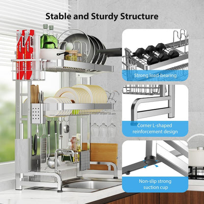 Shrivee Over The Sink Dish Drainer Drying Rack, Full Stainless Steel 3-Tier Adjustable Length Over Sink Dish Drying Rack, Large Capacity Dish Rack Over Sink for Kitchen Counter, Pots & Pans Rack