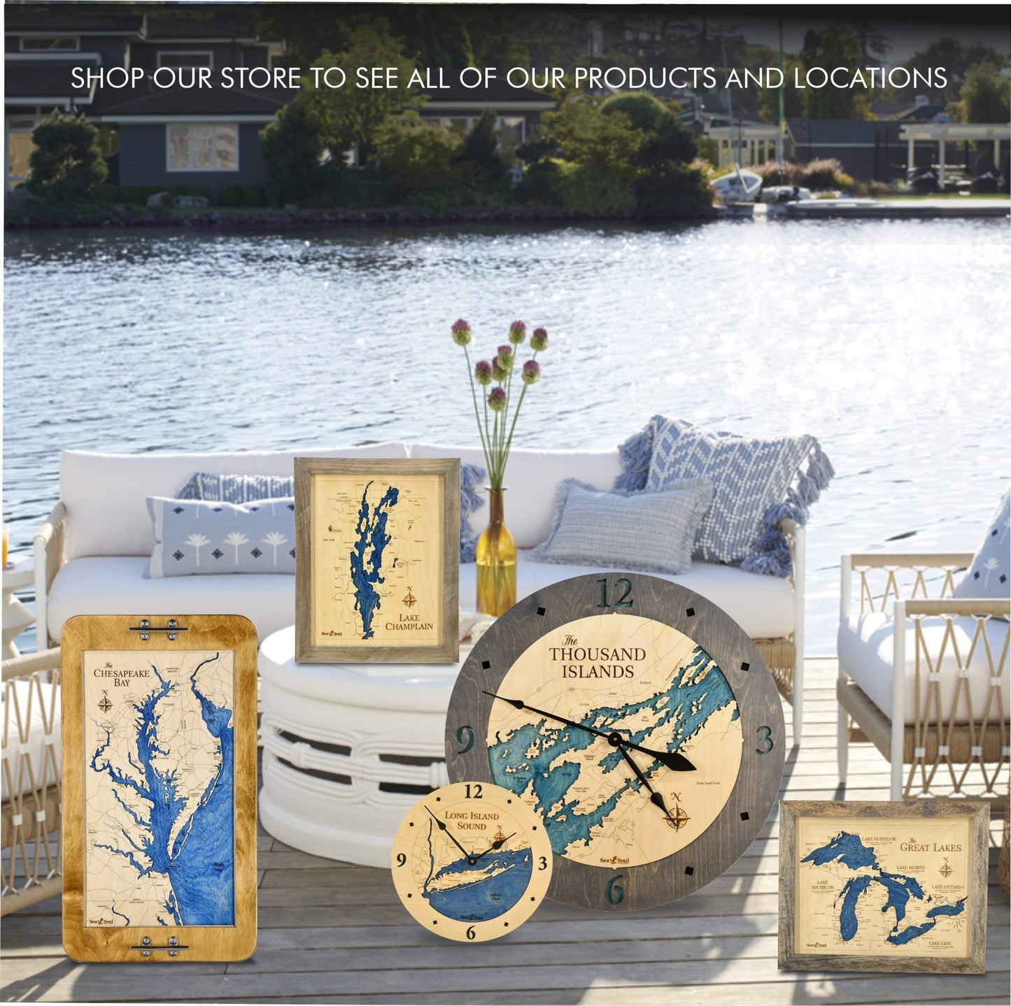 Sea & Soul Pacific Northwest Nautical Chart Art Serving Tray, Made in the USA, 3-D Nautical Wood Chart, 3D Wood Maps, Lake Art, Nautical Gift, 13.5"x 24" Serving Platter (Distressed Coffee/Deep Blue)