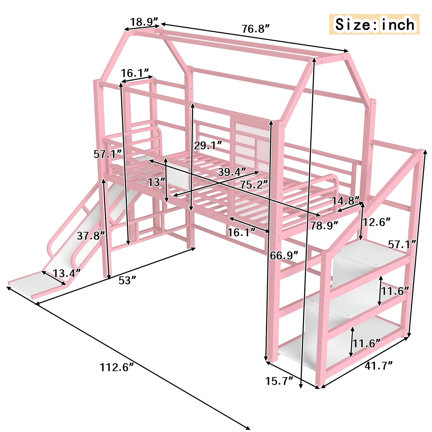 Bellemave Twin Size Metal House Loft Bed with Slide and Stairs,Heavy Duty Playhouse Loft Bed Frame with Storage Shelves for Kids,Teens,Adults,Pink
