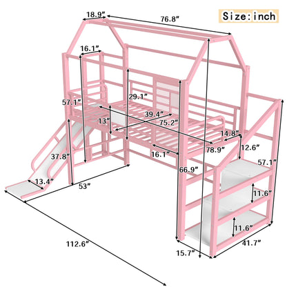 Bellemave Twin Size Metal House Loft Bed with Slide and Stairs,Heavy Duty Playhouse Loft Bed Frame with Storage Shelves for Kids,Teens,Adults,Pink