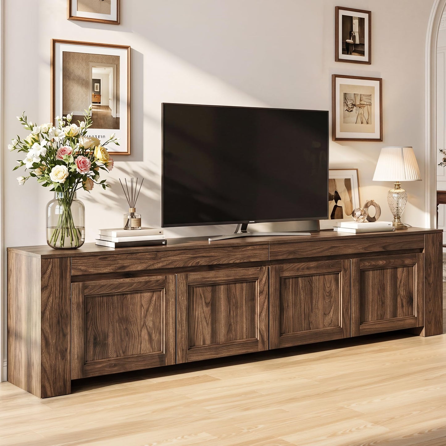 YITAHOME 80 inch TV Stand for up to 90 inch TVs, Farmhouse Entertainment Center with Storage Doors and Shelves, Media Console Table with Cable Holes for Living Room, Dark Walnut