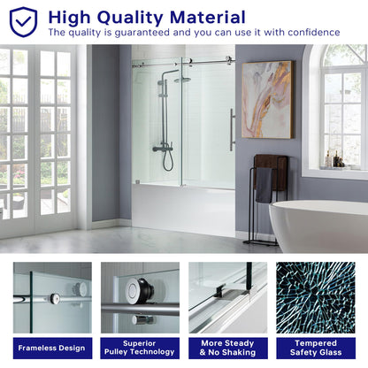 WOODBRIDGE MBSDC 6062-C Frameless Bathtub Shower Doors 56-60" Width x 62" Height with 3/8"(10mm) Clear Tempered Glass in Polished Chrome Finish