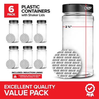 6 Pack 16 oz Plastic Spice Jars, Empty Seasoning Containers for Homemade Rub, Spices, Glitter, and More, Small Spice Containers with Black Shaker Lids and Heat-Induction Liner, Clear Spice Jars