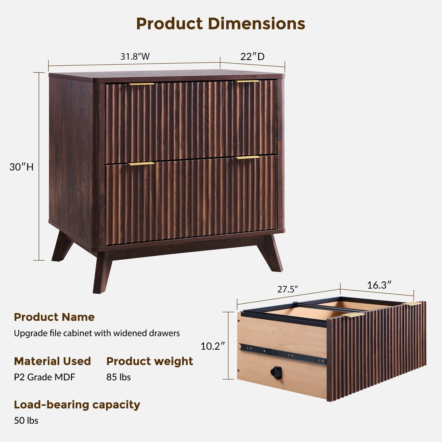 T4TREAM 2 Drawer File Cabinet, 32" Fluted Lateral File Cabinet w/Files Hanging Rod for Letter/Legal/A4, Large Tabletop for Printer, Office Wood Printer Cabinets, Dark Walnut (Gen 2)