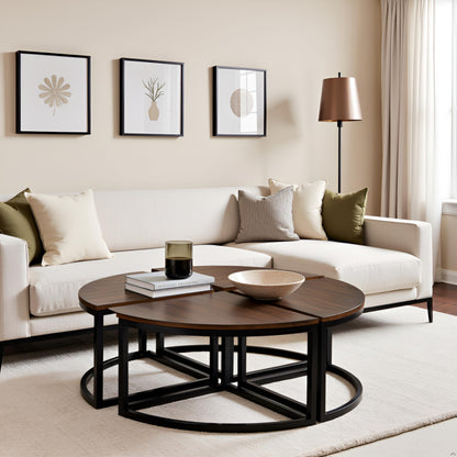 Alaterre Furniture Arcadia Round Acacia Wood Nesting Tables – 4-Piece Modular Wedge Coffee Table Set with Industrial Metal Legs – Living Room Accent Tables with Space-Saving Design (Antiqued Mocha)