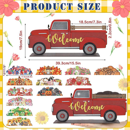 Burbell 13 Pcs Interchangeable Diamond Painting Art Welcome Signs Truck Stand Table Decor DIY Holiday Seasonal Tiered Tray Decoration Diamond Art Ornament Kits with 12 Holiday Icons for Home Wall