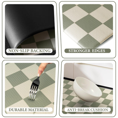 VivaNest Beige Sage Checkered Grid Checkerboard Kitchen Rug Sets [2 PCs], Anti-Fatigue, Waterproof Non-Slip Kitchen Mats Heavy Duty Comfort Foam Rug for Kitchen, Floor, Laundry,17"x29"+17"x47"