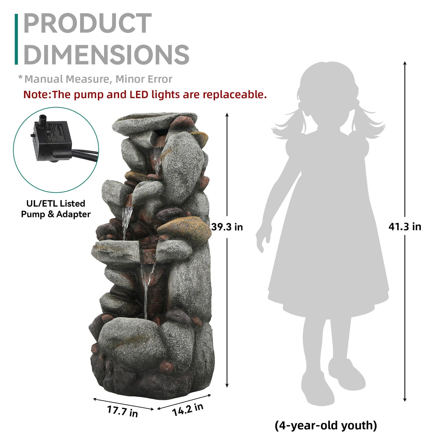 Utym 40" H Oversized Rock Outdoor Fountain with Warm LED Lights, 3-Tier Extra-Large Stacked River Pebbles Waterfall, Weather-Resistant Resin Feature for Garden Patio Yard