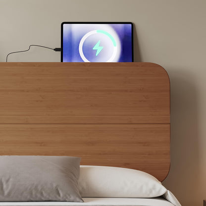 KEIKI Queen Size Bamboo Platform Bed with Headboard and USB Ports, Mid-Century Modern Floating Bed Frame with Solid Support Slats, No Box Spring Needed, Easy Assembly, Noise Free, for Bedroom, Brown