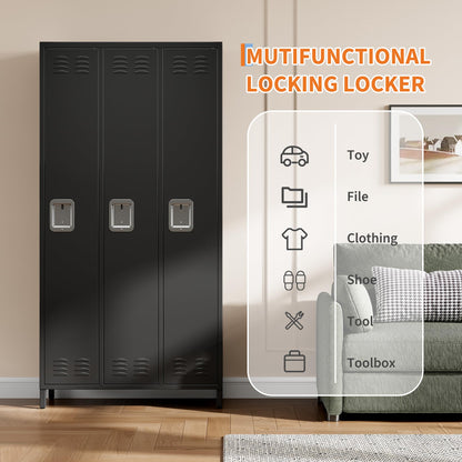 PioneerWorks 3-Door Metal Storage Locker with 9 Hooks, Heavy Duty Steel Locker for Gym, School, Office, Garage, Employee Locker Room, Home Organization, Black, Assembly Required