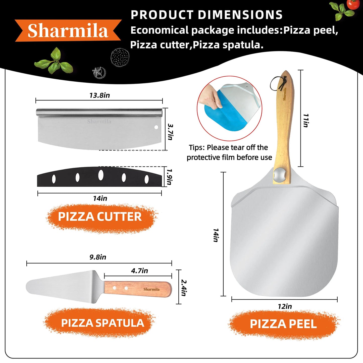 Sharmila Pizza Peel 12 Inch, Aluminum Pizza Paddle with Foldable Wooden Handle,Pizza Rocker Cutter,and Metal Pizza Spatula-Ideal for Family Pizza Oven Baking,Dough,Bread & Pastry