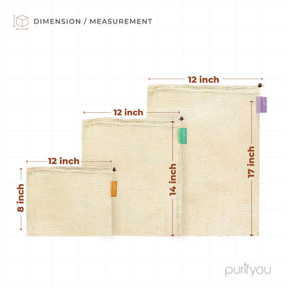 purifyou Set of 9 Reusable Produce Bags, Heavy Duty Washable Mesh Grocery Bag with Drawstring, Ideal for Farmers Market, Beach, and Refrigerator Storage (Extra Large, Large, Small)