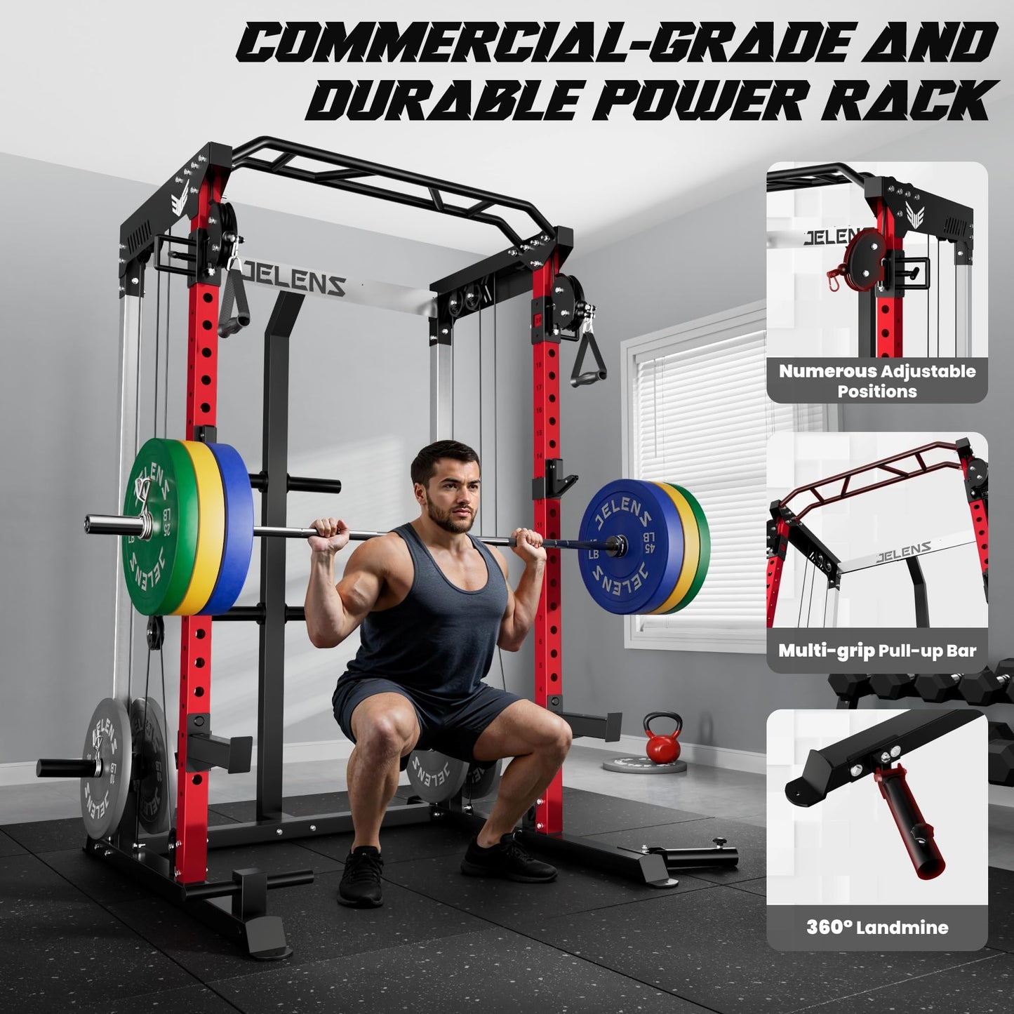 JELENS C21 Power Cage, 2000LBS Multi-Function Power Rack with Independent Dual Pulley System, All-in-One Squat Rack for Cable Crossover, Home Gym Workout Machine (Red, C21 Power Cage)