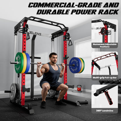 JELENS C21 Power Cage, 2000LBS Multi-Function Power Rack with Independent Dual Pulley System, All-in-One Squat Rack for Cable Crossover, Home Gym Workout Machine (Red, C21 Power Cage)