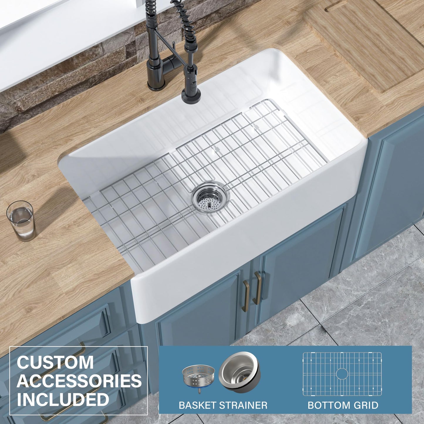 HOMLYLINK White Farmhouse Sink 30 x 18 Inch, Firecaly Apron Front Undermount Farm Kitchen Sink Single Bowl, with Custom Accessories 2 Types, for Kitchen, Laundry, Small Space