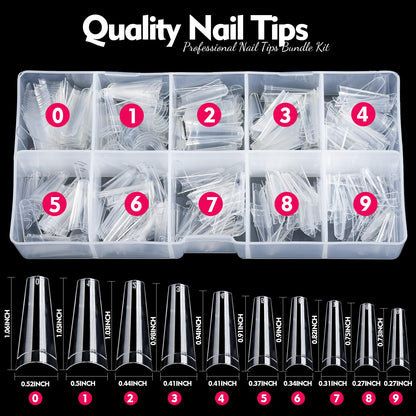 Teenitor Clear Coffin Nail Tips Set, Long Acrylic Nail Kit Full Cover Clear Press On Nails, 600 Pcs Fake Nails with Glue, Acrylic Nail Clipper Files and Buffer Polisher