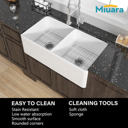 Miuara Farmhouse Sink Double Bowl 33 Inch - White Apron Front Kitchen Sink Reversible 33"x18", Undermount Farm House﻿ Style Dual Basin 50/50, Heavy Duty Solid Fireclay, for Kitchen