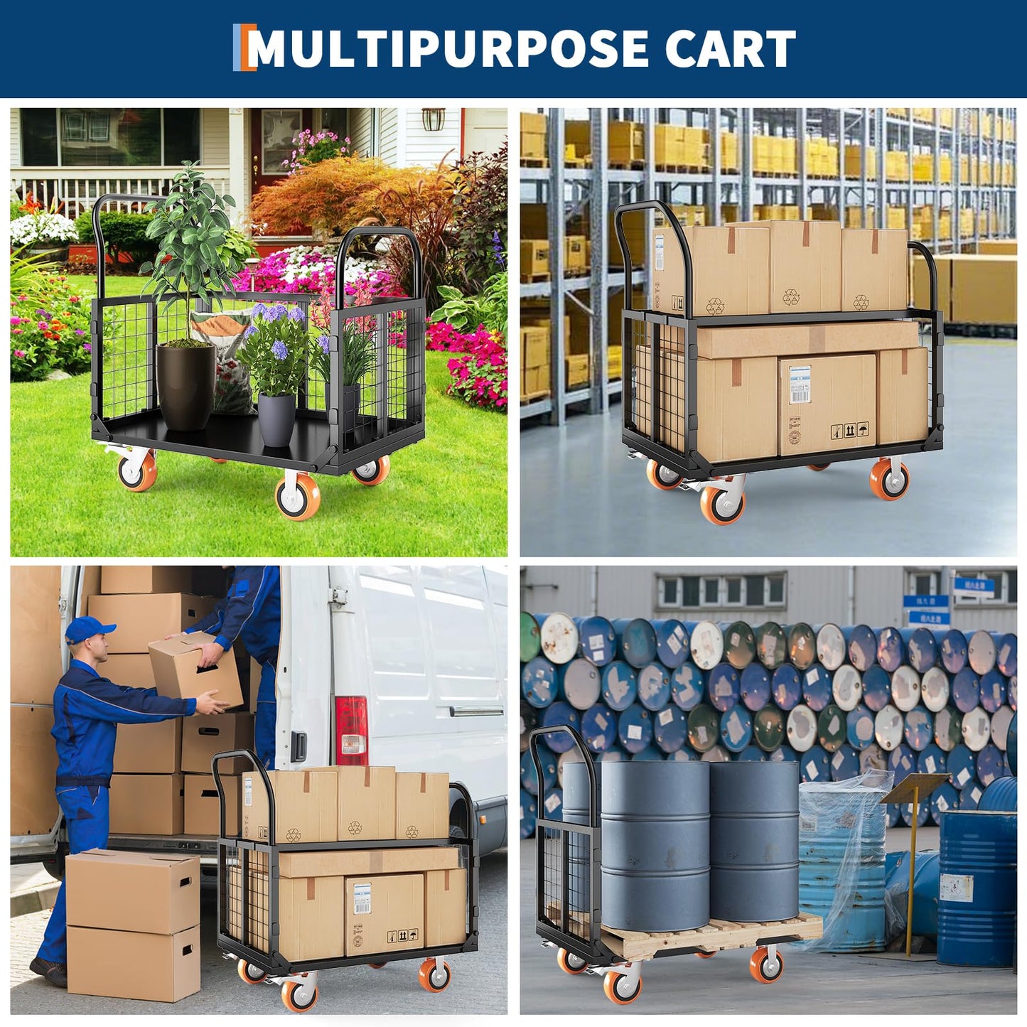 Platform Truck Cart with Cage, Multipurpose 6 in1 Foldable Flatbed Cart Heavy Duty Push Cart Dolly w/Swivel Wheels 1800Lbs Capacity Utility Hand Cart for Grocery, Laundry, Garage, Warehouse