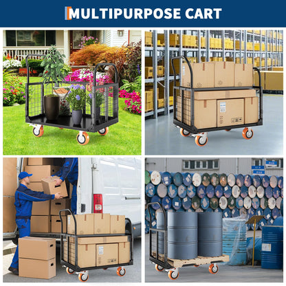 Platform Truck Cart with Cage, Multipurpose 6 in1 Foldable Flatbed Cart Heavy Duty Push Cart Dolly w/Swivel Wheels 1800Lbs Capacity Utility Hand Cart for Grocery, Laundry, Garage, Warehouse