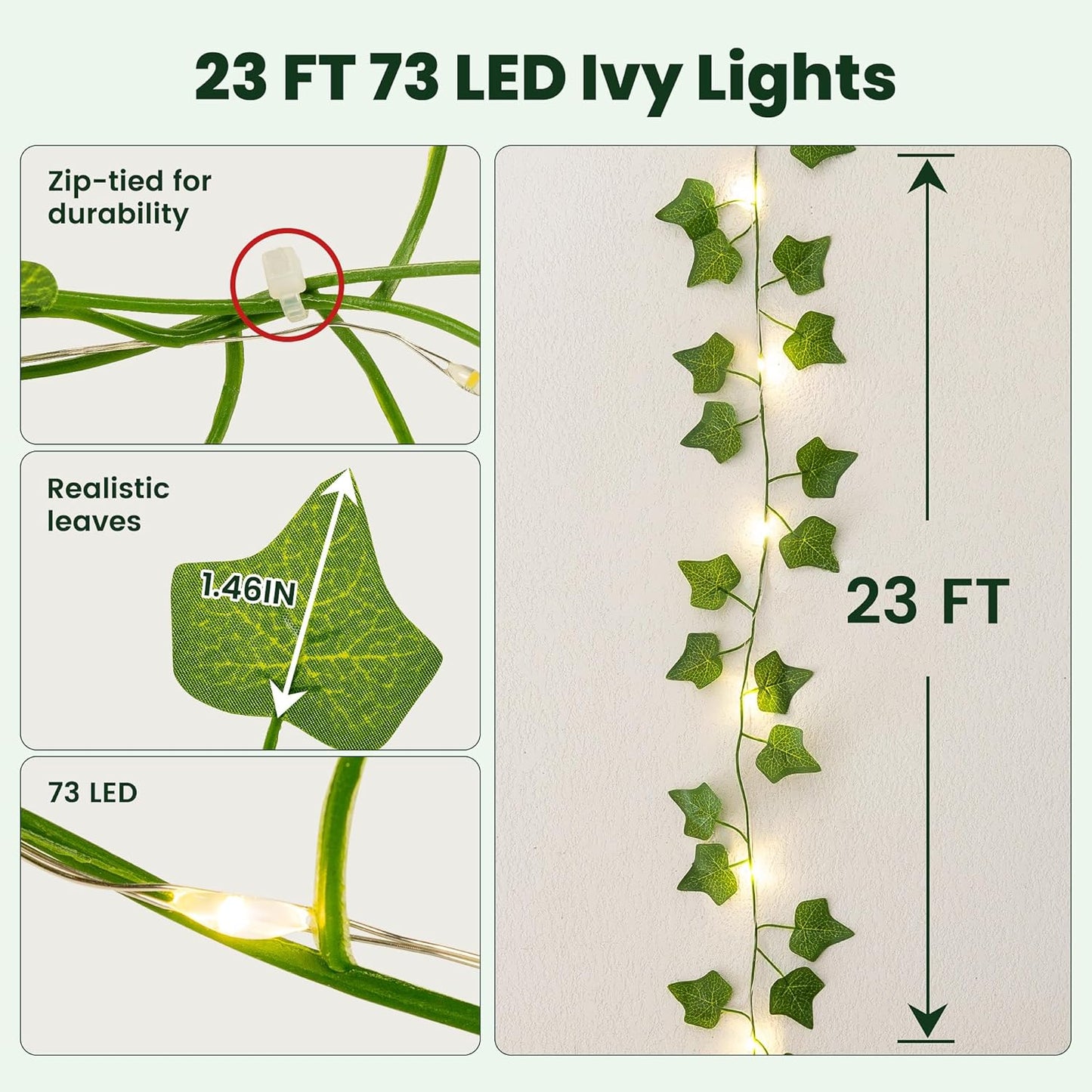 23 73 HEYFUNi Fake Ivy Vines with Lights, Ft Led Artificial Greenery Garland with Fairy Lights USB/Battery Operated