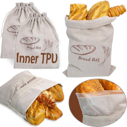 Cromagic 2-Piece Set. 13 17-inch Reusable Bread Bag x linen bread bag with plastic liner keeps bread fresh