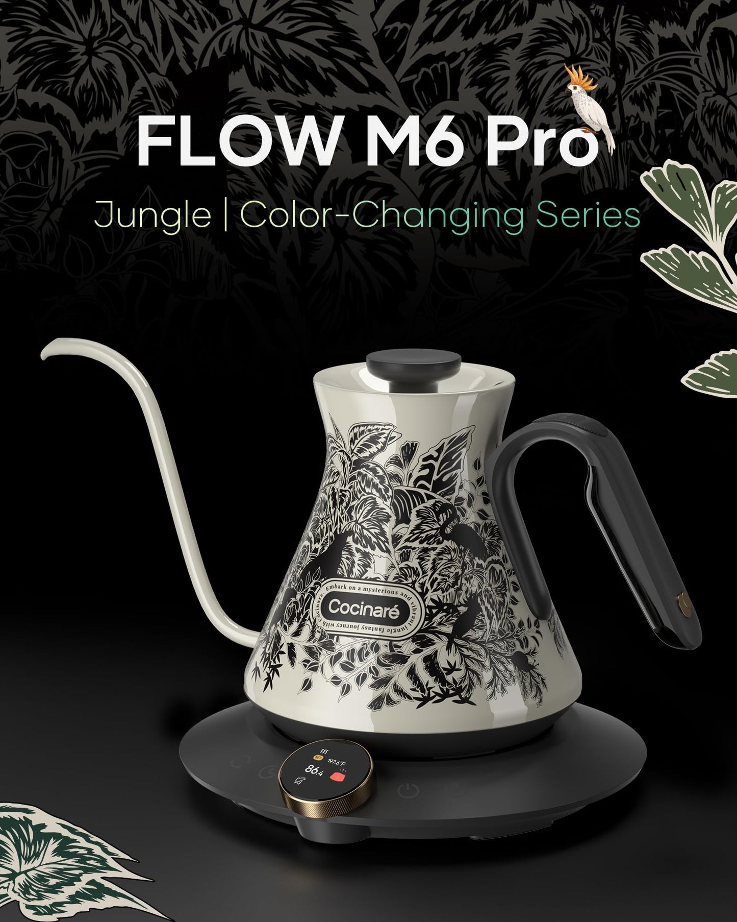 Cocinare Gooseneck Electric Kettle, ±0.5°F Precise Temperature Control, 1500W Fast Heating, Pour-Over Coffee & Tea, Stainless Steel, 0.6L (Color-changing Jungle Design)