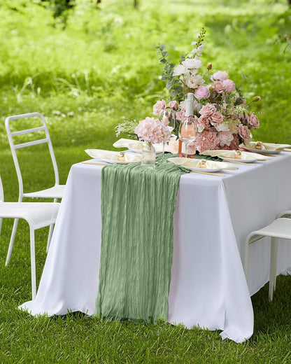 Pureegg Cheesecloth Table Runner - 120'' Sage Green Boho Decor for Easter, Weddings & Parties