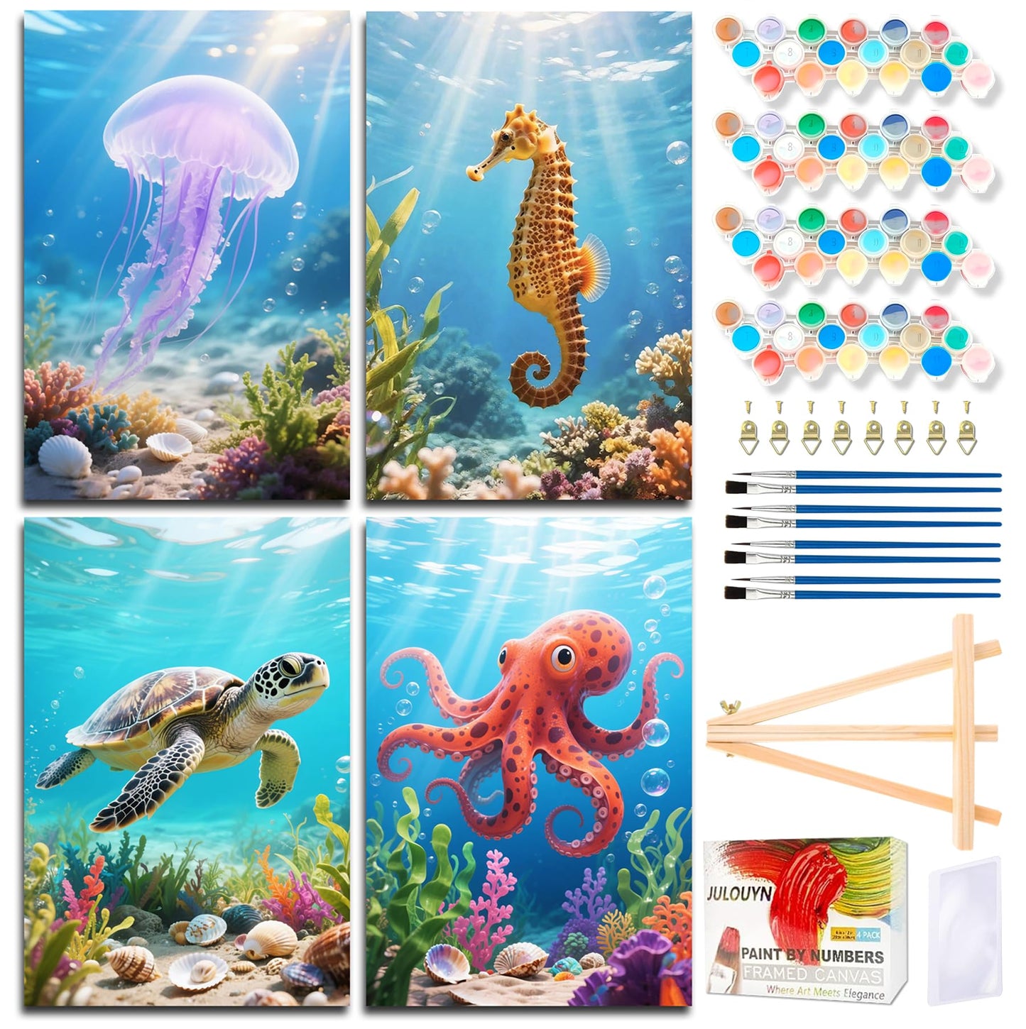 Muzagroo Art 4 Pcs Paint by Numbers Kits for Adults Framed Canvas with Wooden Easel DIY Sea Turtle Acrylic Oil Paintings Kits Paint by Numbers on Canvas Wall Art (8x12 inch)