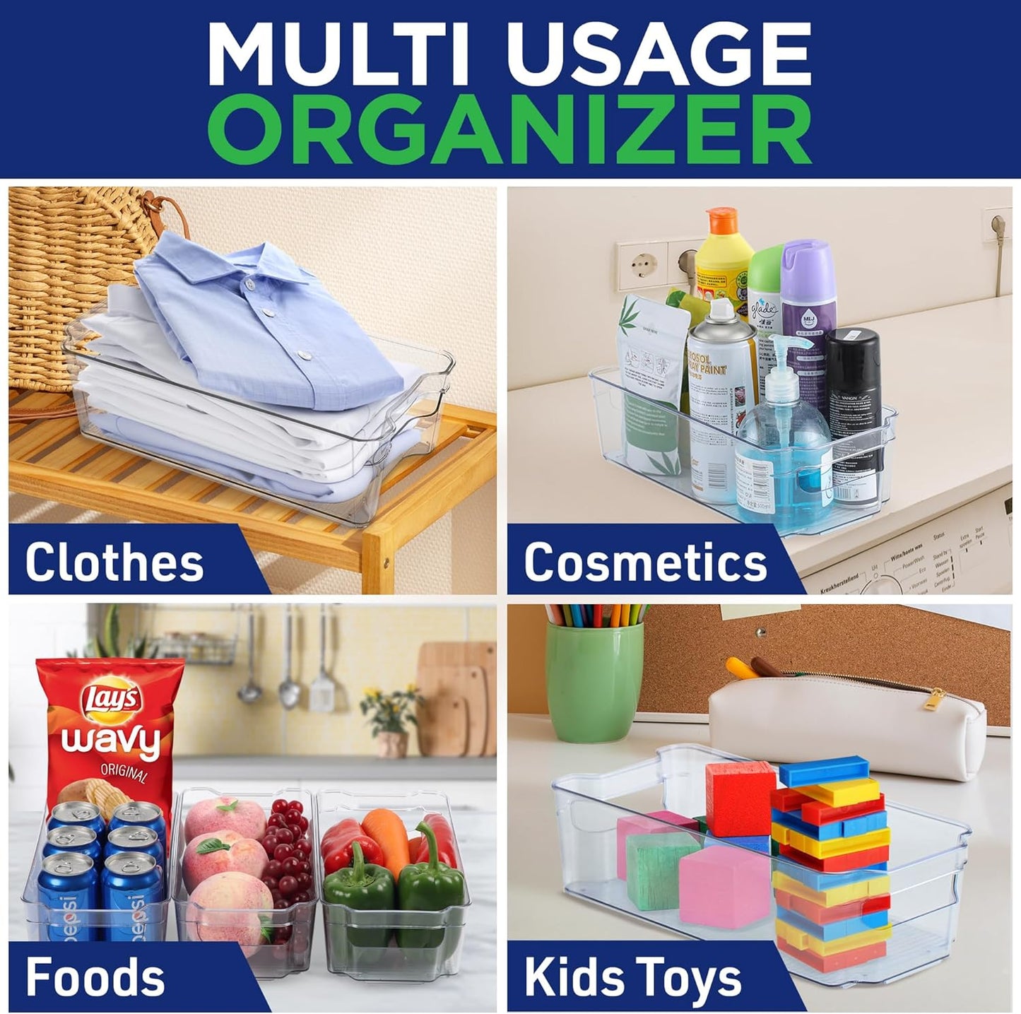 Multi-Purpose Refrigerator Bins - 8 Pieces Stackable Design Fridge Bin Organizer with Easy Grip Handles, Clear