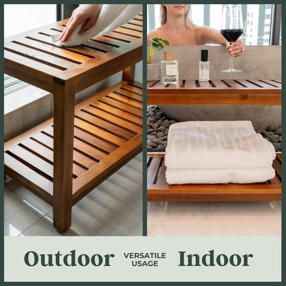 The Teaky Hut Teak Shower Bench 30 Inch – Fully Assembled Wooden Bench with Shelf, Water-Resistant, Non-Slip Adjustable Feet – Indoor Spa, Garden, or Bathroom Use
