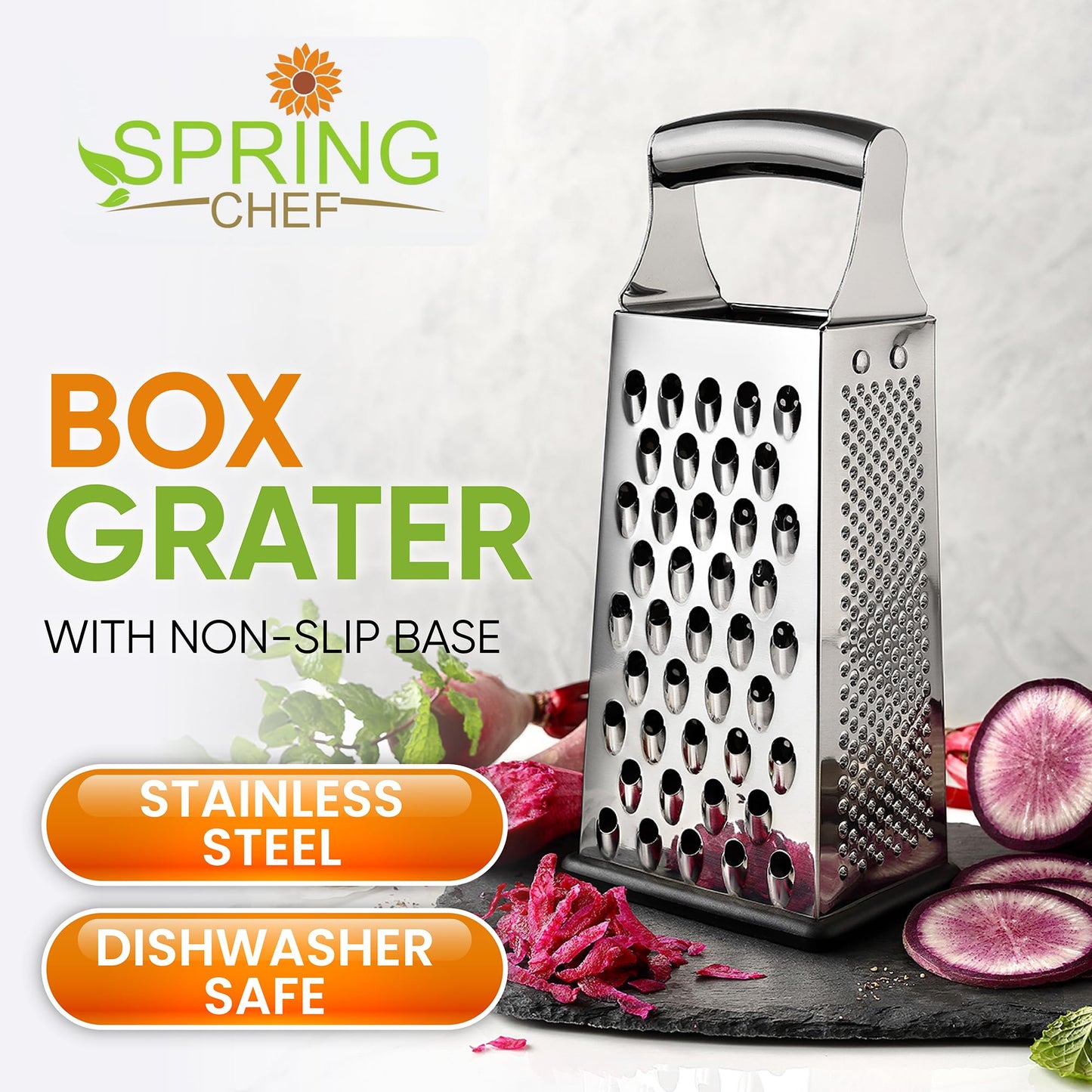 Spring Chef Professional Large Parmesan Cheese Grater, Stainless Steel Metal Box Grater with Handle, 4 Sided Handheld Kitchen Food Shredder for Cheese, Carrot, Veggie, Ginger, Potato - Dishwasher Safe