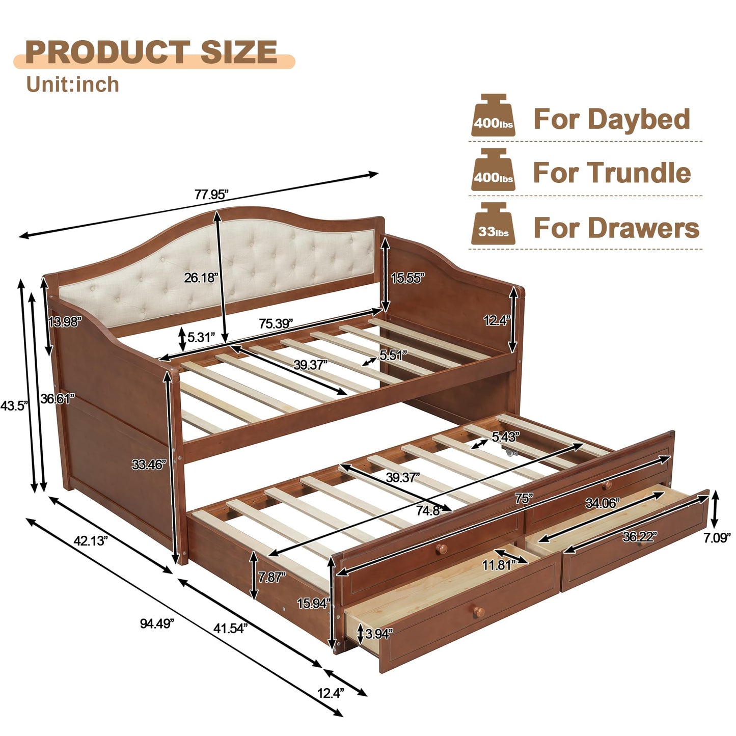Merax Twin Daybed Frame with Trundle and 2 Storage Drawers, Sofa Bed Twin Size Wooden Bed with Upholstered Button Tufted Backrest for Living Room, Bedroom, Guest Room (Walnut)