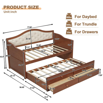 Merax Twin Daybed Frame with Trundle and 2 Storage Drawers, Sofa Bed Twin Size Wooden Bed with Upholstered Button Tufted Backrest for Living Room, Bedroom, Guest Room (Walnut)