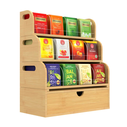 ARFETIGO Bamboo Tea Bag Organizer for Coffee Bar, 4 Tier Modular Tea Organizer with Drawer, Large Capacity Tea Storage Box, Stackable Tea Station Organizer, No Assembly, Kitchen Counter