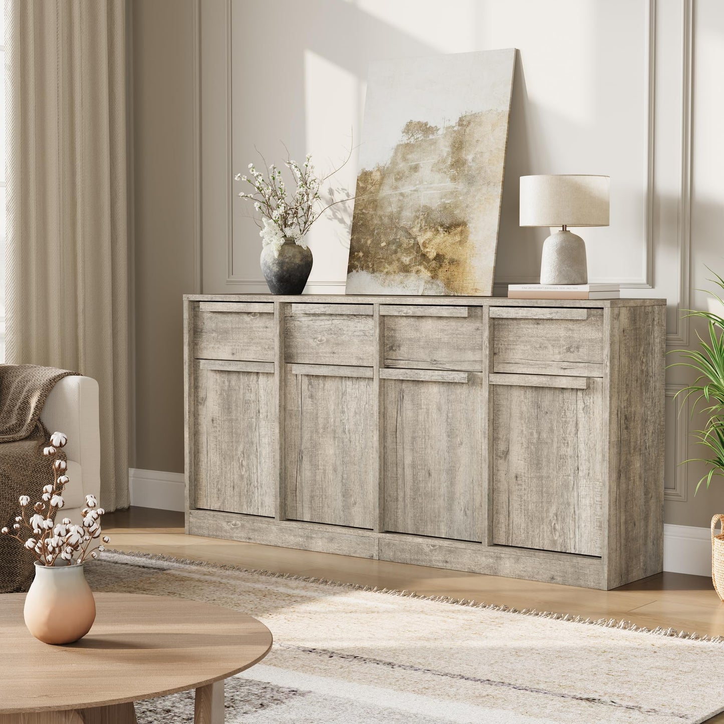 PioneerWorks Sideboard Buffet Cabinet with 4 Drawers, 62.4 Inch Large Coffee Bar Cabinet, Modern Storage Cabinet for Kitchen Dining Room, Gray Buffet Table with Storage, 4 Doors & 4 Drawers
