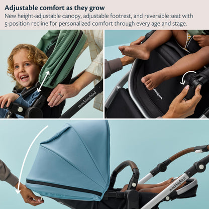 Mockingbird Single-to-Double Stroller 3.0 - Convertible Full Size Baby Stroller for 1, 2, or 3 Kids with 44 Possible configurations, Travel System Compatible - Stone Blue