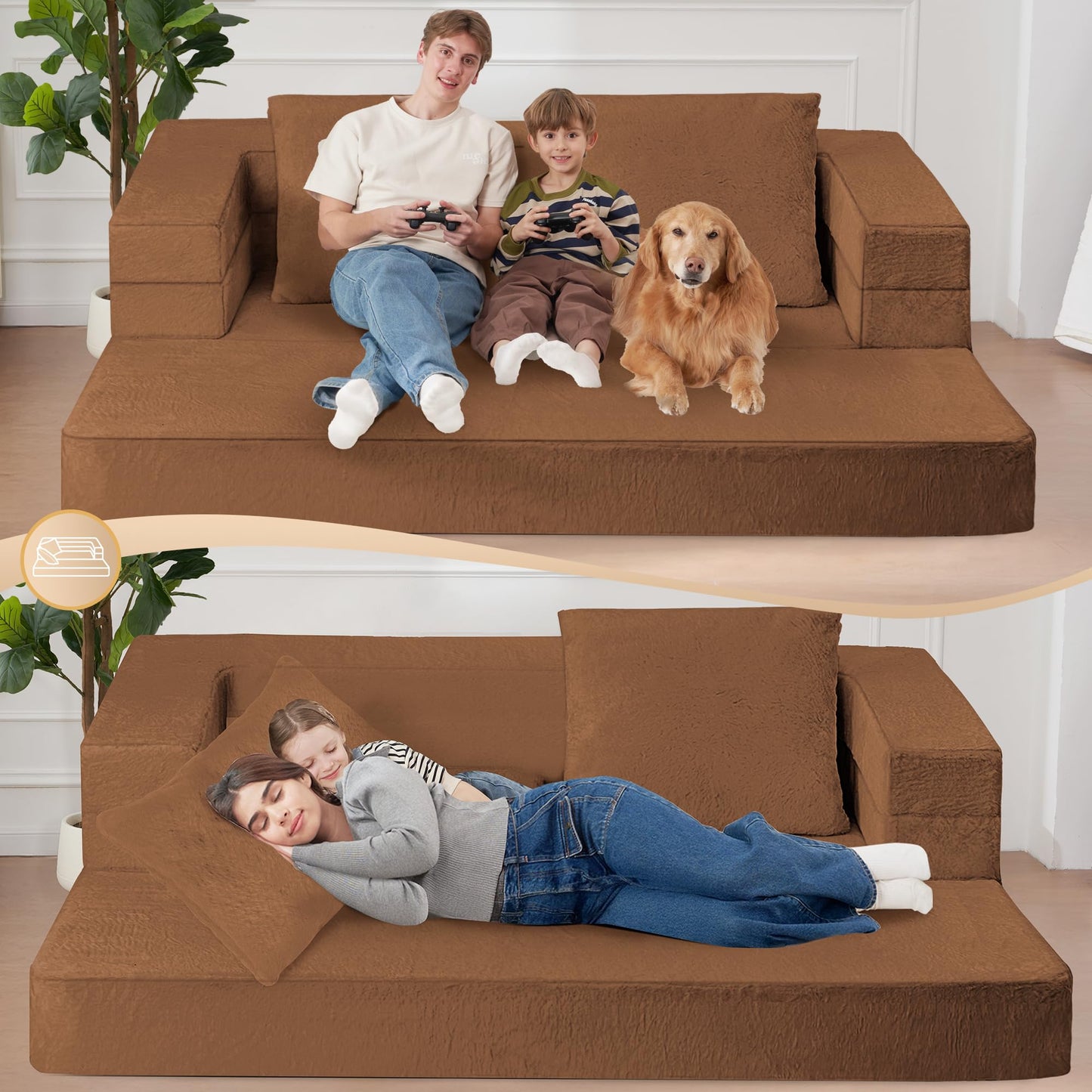 Cansunna Folding Bean Bag Chair for Adults,3-in-1 Bean Bag Couch Faux Fur Floor Sofa Large Beanbag Convertible Bean Bag Sofa Bed with Pillow in Bedroom,Living Room,Apartment(Queen,Caramel)