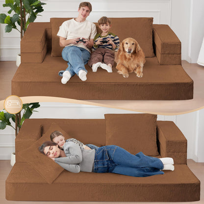 Cansunna Folding Bean Bag Chair for Adults,3-in-1 Bean Bag Couch Faux Fur Floor Sofa Large Beanbag Convertible Bean Bag Sofa Bed with Pillow in Bedroom,Living Room,Apartment(Queen,Caramel)