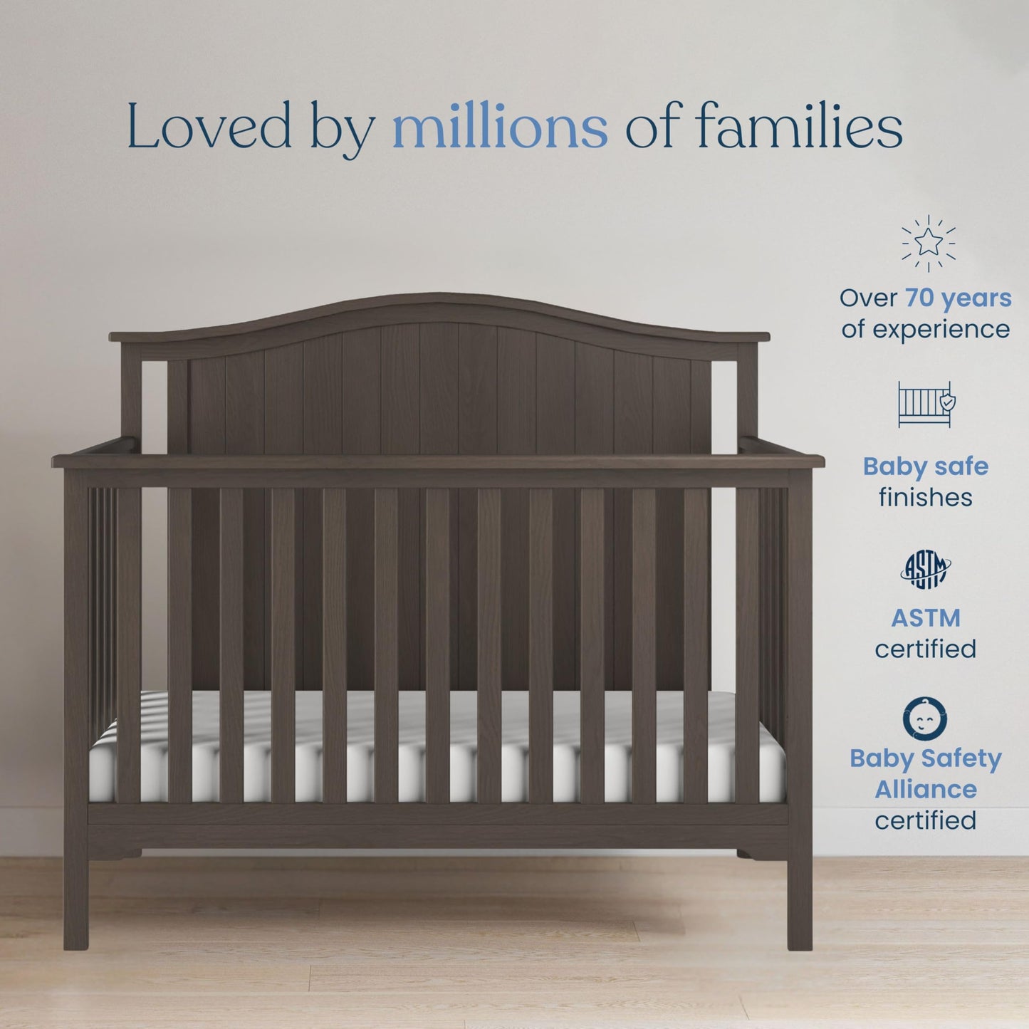 Child Craft Hampton Arch 4-in-1 Convertible Crib, Baby Crib Converts to Day Bed, Toddler Bed and Full Size Bed, 3 Adjustable Mattress Positions, Non-Toxic, Baby Safe Finish (Dapper Gray)