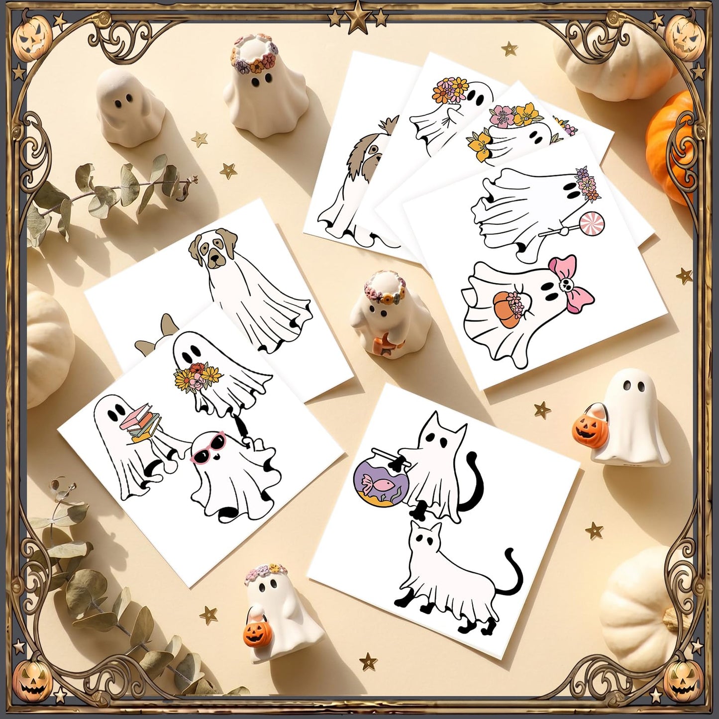 Harloon 15 Sheets Halloween Classical Ghost Rub on Transfers for Crafts Furniture Wood Ornaments Ghost and Cat Dog Stickers Rub on Decals for Halloween Scrapbook DIY Wood Fabric Journal Envelope