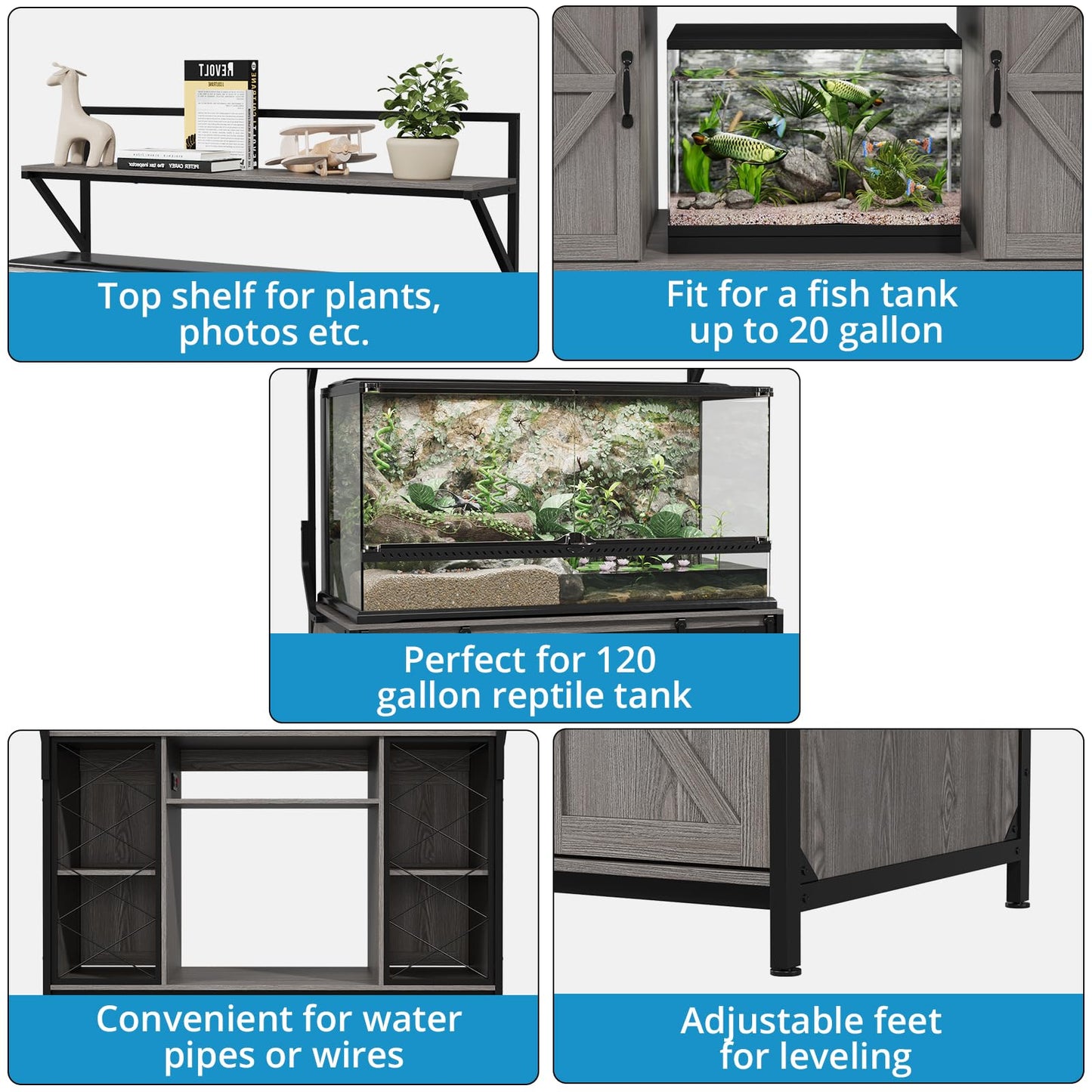 VOWNER Farmhouse Reptile Tank Stand with Power Outlet, 48" X 24" Tabletop Fits up to 120 Gallon Bearded Dragon Tank, Heavy Duty Aquarium Stand with Storage Cabinet, Reptile Turtle Terrarium Stand Grey