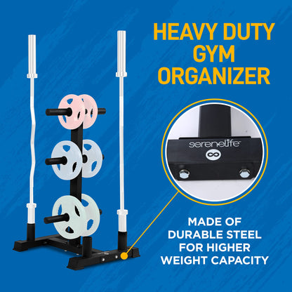 SereneLife 6-Pegs Olympic Weight Plate Rack & 4 Barbells - 800 Pounds Capacity, Heavy Duty Gym Organizer, Scratch Resistant Frame, Powder-Coat Finish, Easy to Assemble, Compact & Space-Saving