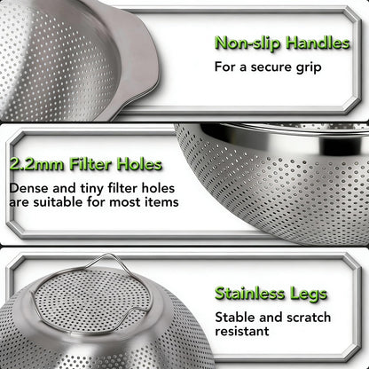 304 Stainless Steel Colander, 2.5 QT Capacity and 2.5 QT Mixing Bowl, Micropore Strainer for Washing Rice, Fruit, and Veggies, Perfect Draining for Cooked Pasta