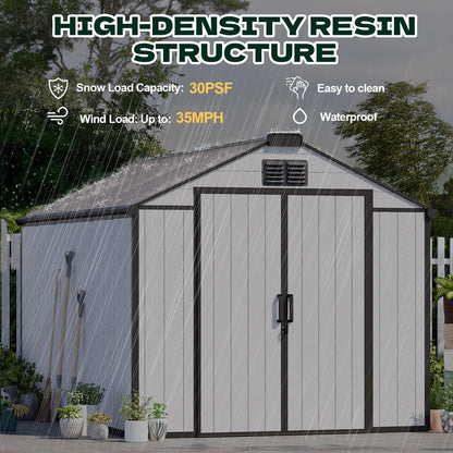 DNYKER 8 x 12 FT Resin Outdoor Storage Shed, All-Weather Plastic Garden Shed with Floor, Lockable Doors & Windows, Plastic Tool Shed for Poolside, Backyard, Patio