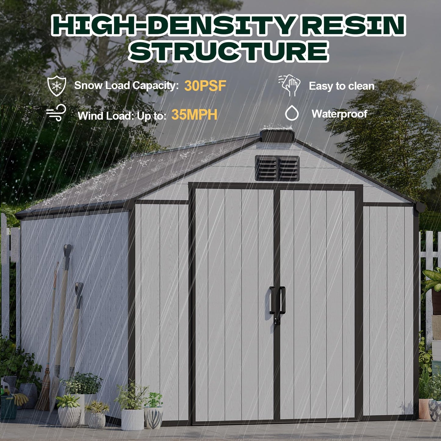 DNYKER 8 x 10 FT Resin Outdoor Storage Shed with Floor, Plastic Outdoor Storage Tool Shed with Windows and Lockable Door, Patio Garden Shed for Lawnmower, Bike, Pool Supply
