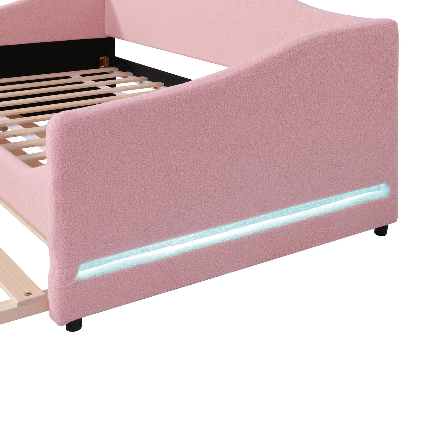 Twin Size Upholstered Daybed with Trundle,Teddy Fleece Twin Daybed Frame,Twin Day Bed with LED Light,Tufted Sofa Bed Daybed for Bedroom,Living Room,Guest,Pink