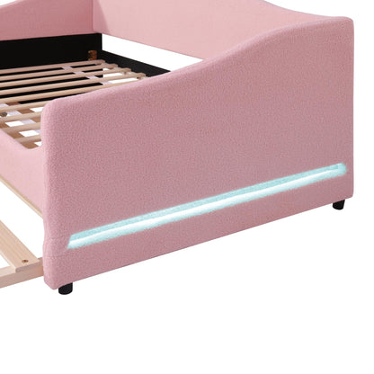 Twin Size Upholstered Daybed with Trundle,Teddy Fleece Twin Daybed Frame,Twin Day Bed with LED Light,Tufted Sofa Bed Daybed for Bedroom,Living Room,Guest,Pink