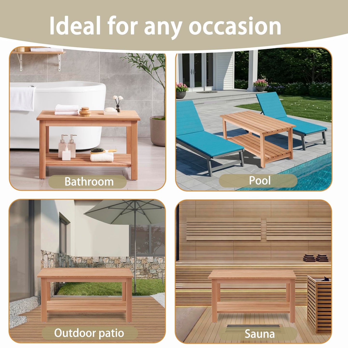 bingaai Western Red Cedar Sauna & Shower Bench 31.5" Fully Assembled – Strong, Durable, Soft-Touch, Insulating Cedar Wood Bench for Bathroom, Sauna, Indoor & Outdoor Use