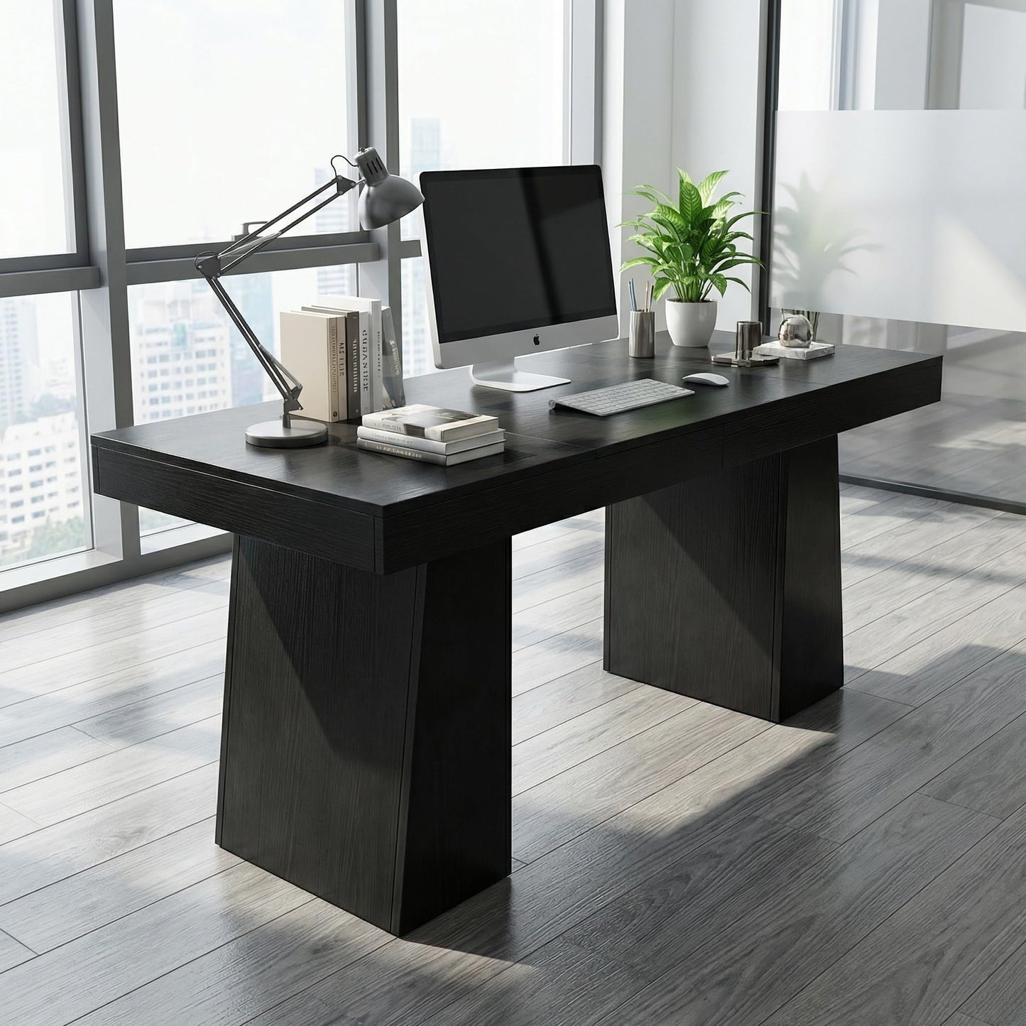 BouPower 55" Executive Desk, Wood Home Office Computer Desks with Double Trapezoid Pedestal, Mid-Century Modern Workstation Writing Table Conference Table Furniture, Black